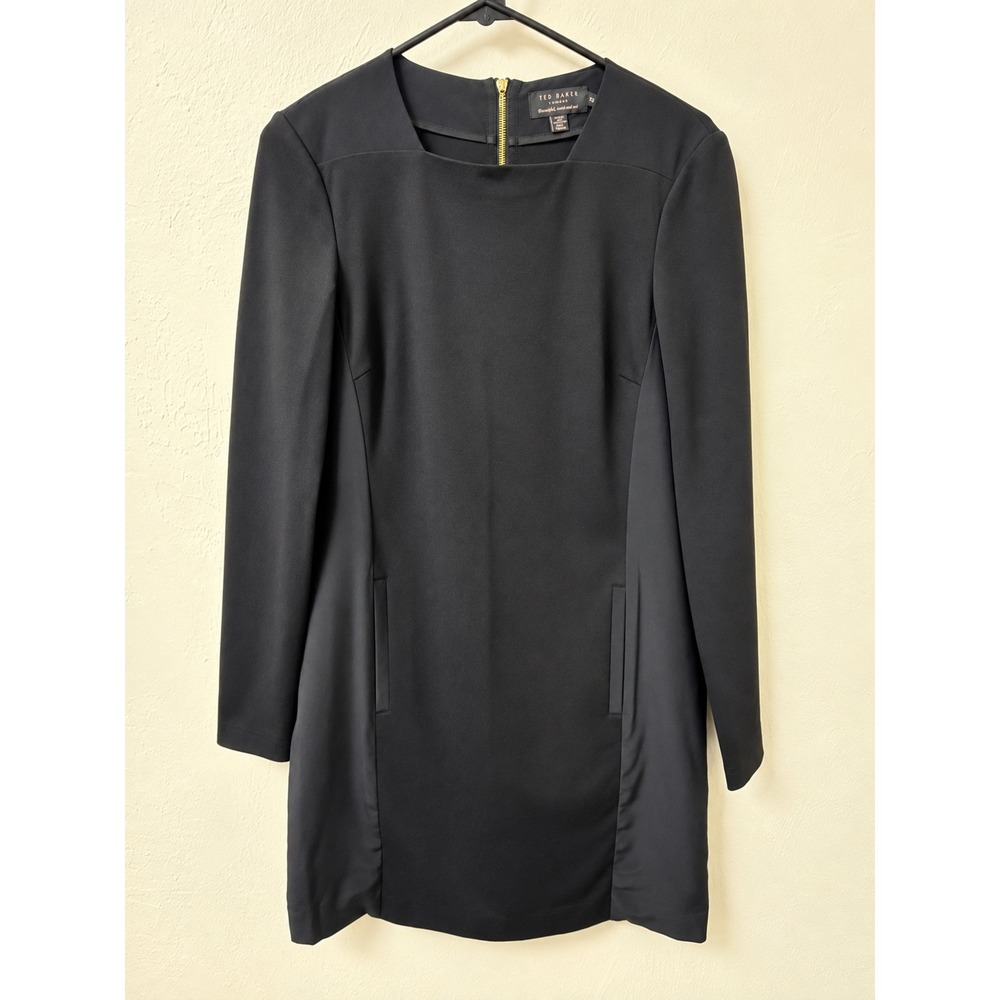 Ted Baker Desre Black Silk Trim Long Sleeve Shift Dress Size 2 Square Neck